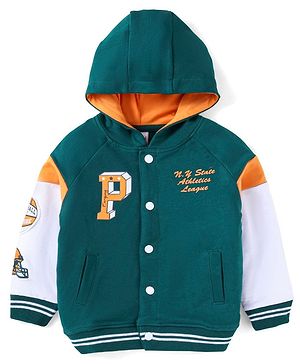 Babyhug Cotton Knitted Full Sleeves Bomber Hooded Jacket With Text Print & Badge Detailing - Green