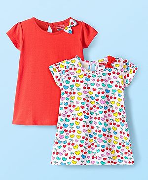 Babyhug Single Jersey Knit Half Sleeves Dresses With Heart Print & Bow Applique Pack of 2 - Red & White