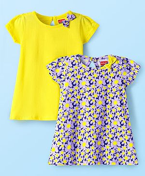 Babyhug Single Jersey Knit Half Sleeves Dresses With Floral Print & Bow Applique Pack of 2 - Neon Green & Navy Blue
