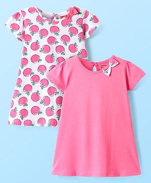 Babyhug Single Jersey Knit Half Sleeves Dresses With Apple Print & Bow Applique Pack of 2 - White & Pink