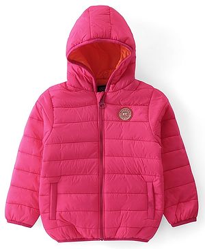 Pine Kids Woven Full Sleeves Padded Hooded Jacket With Patch Detailing - Dark Pink