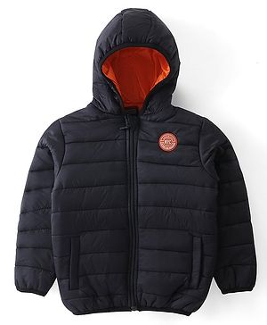 Pine Kids Woven Full Sleeves Padded Hooded Jacket with Quilted Design & Patch Detailing - Black