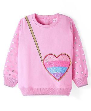 Babyhug Cotton Knit Full Sleeves Sweatshirt with Sequinned  Bag Design & Glitter Heart Print -  Pink