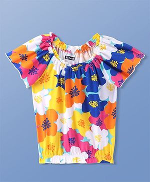 Pine Kids Cotton Knit Half Sleeves Top with Floral Print- Snow White
