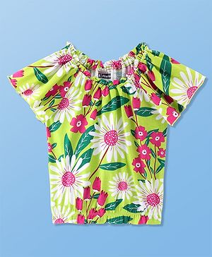 Pine Kids Cotton Knit Half Sleeves Top with Floral Print - Green