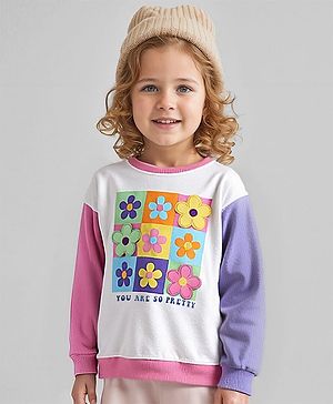 Babyhug Cotton Knit Full Sleeves Sweatshirt with Floral Print - White & Pink