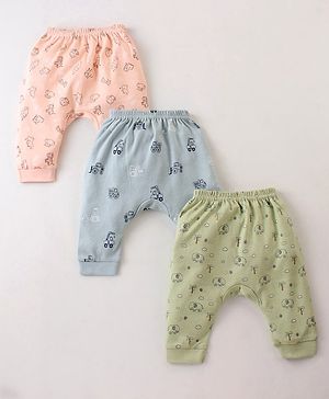 Zero Interlock Knit Full Length Diaper Leggings With Vehicles & Animals Print Pack Of 3 - Lime Aqua & Peach