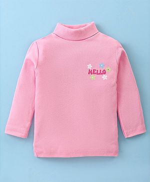 Zero Cotton Knit Full Sleeves Turtle Neck Winter T-Shirt with Text & Floral Print - Pink