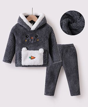 Kookie Kids Full Sleeves Hooded Winter Wear Suit With Bunny Face Applique - Black