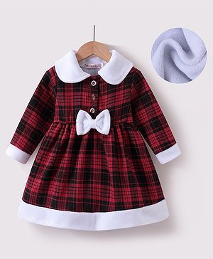 Kookie Kids Full Sleeves Checkered Frock With Bow Applique - Red & White