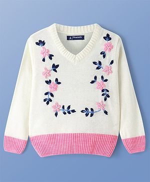 Pine Kids Knitted Full Sleeves Pullover Sweater With Floral Embroidery - Off White