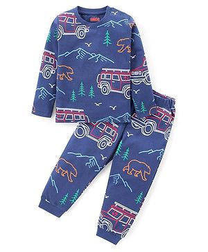 Babyhug Cotton Knit Full Sleeves Night Suit With Bear & Jeep Print - Navy