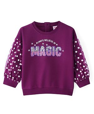 Babyhug Cotton Knit Drop Shoulder Full Puff Sleeves Sweatshirt With Polka Dot Print & Sequin Embroidery - Wine