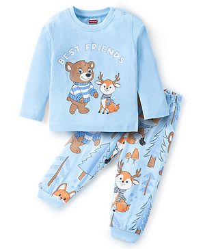Babyhug Cotton Knit Full Sleeves Night Suit with Bear & Deer Print - Blue