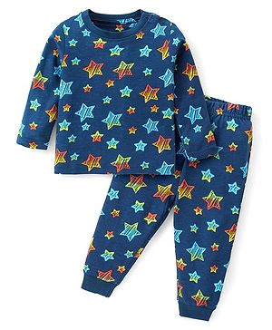 Babyhug Cotton Knit Full Sleeves Night Suit With Stars Print - Navy