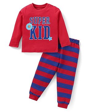 Babyhug Cotton Knit Full Sleeves Night Suit with Text & Stripe Design -Red & Navy