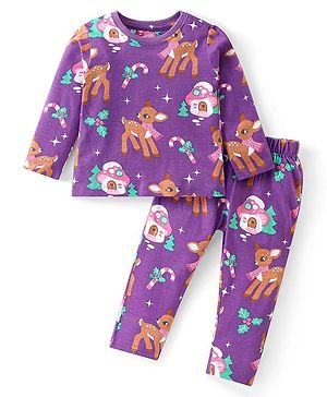Babyhug Cotton Knit Full Sleeves Night Suit With Deer Print - Purple
