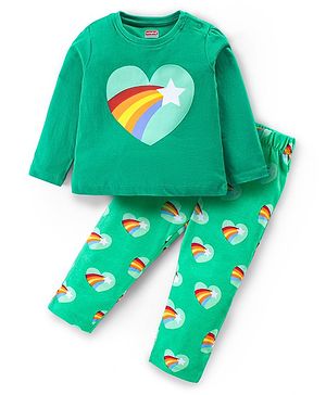 Babyhug Cotton Knit Full Sleeves Night Suit with Heart Print - Green