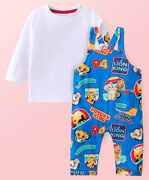 Babyhug Disney Single Jersey Full Sleeves Tee and Full Length Dungaree Set with Lion King  Print  -White & Blue