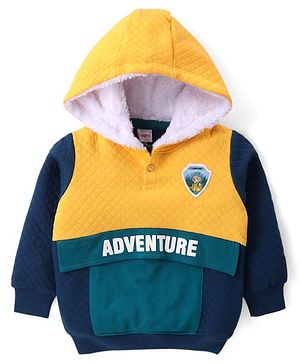 Babyhug Fleece Knit Full Sleeves Hooded Sweatshirt With Quilted Cut & Sew Design & Animal Patch Applique - Mustard