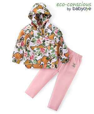 Babyoye Disney Full Sleeves Hooded Sweatshirt and Leggings Set with Bambi Graphics and Badge Detailing-Multicolor