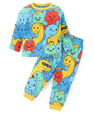 Babyhug Cotton Knit Full Sleeves Night Suit With Dinosaurs Print - Blue