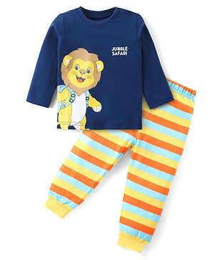Babyhug Cotton Knit Full Sleeves Night Suit With Stripes & Lion Print - Navy Blue