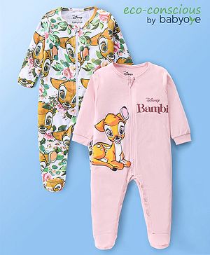 Babyoye Disney Cotton Knit Full Sleeves Sleep Suits With Bambi Print Pack Of 2 - Baby Pink & White