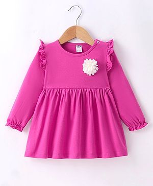 Zero Sinker Knit Full Peasant Sleeves Solid Colour Frock with Floral Applique - Dark Pink