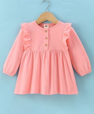 Zero Sinker Knit Full Sleeves Solid Color Frock with Frill Detailing - Pink