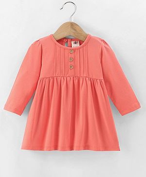 Zero Sinker Knit Full Sleeves Solid Colour Frock with Button Detailing - Orange