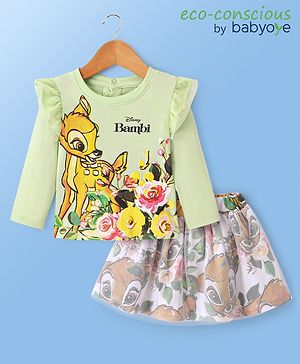 Babyoye Disney Cotton Knit Full Sleeves Top & Mesh Overlay Skirt Set With Bambi Graphics & Frill Detailing - Multicolor