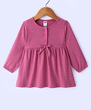 Zero Sinker Full Sleeves Frock with Polka Dots Print & Bow Applique - Dark Pink