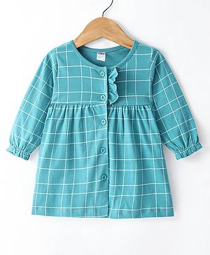 Zero Sinker Full Sleeves Checked Frock with Frill Detailing - Turquoise