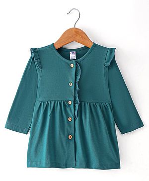 Zero Sinker Knit  Full Sleeves Solid Frock With Frill Detailing - Teal Blue