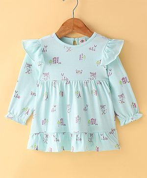 Zero Sinker Knit Full Sleeves Printed Frock With Frill Detailing - Aqua