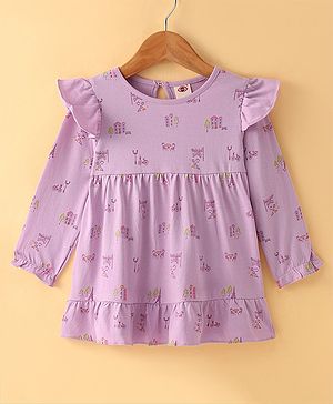 Zero Sinker Knit Full Sleeves Printed Frock With Frill Detailing - Lilac