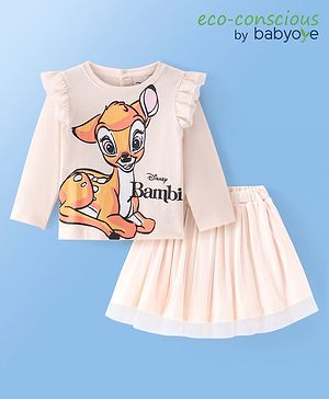 Babyoye Disney Cotton Knit Full Sleeves Top & Skirt Set With Bambi Graphics & Frill Details - Beige