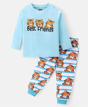 Babyhug Cotton Knit Full Sleeves Night Suit With Tiger Print - Blue