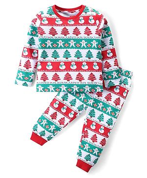 Babyhug Cotton Knit Full Sleeves Night Suit with Christmas Theme Print - White