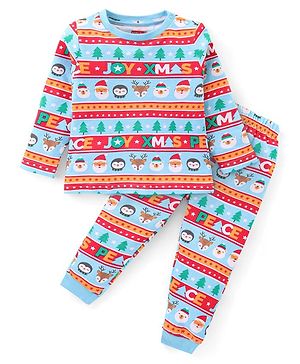 Babyhug Cotton Knit Full Sleeves Night Suit With Christmas Theme Print - Blue