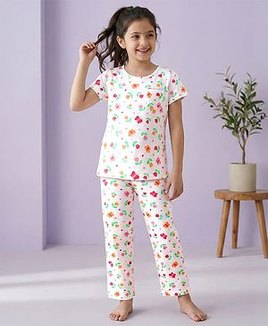 Pine Kids Cotton Knit Half Sleeves Night Suit With Floral Print - Off White