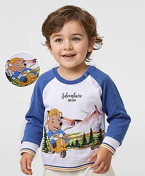 Babyhug Cotton Knit Full Raglan Sleeves Sweatshirts With Quilted Design & Bear Print - Blue