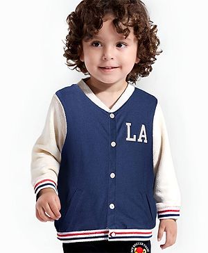 Babyhug Cotton Knit Full Sleeves Bomber Jacket With Text Print - Navy Blue