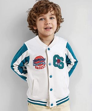 Babyhug Cotton Knit Full Sleeves  Bomber Jacket with Text Embroidery - White & Teal Blue