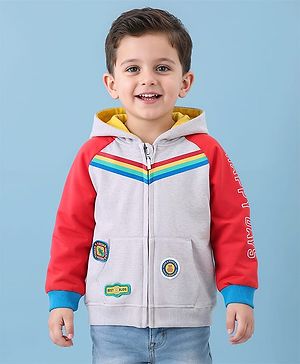Babyhug Cotton Knit Full Raglan Sleeves Hooded Sweatjacket With Patch Appliques & Kangaroo Pockets - Grey