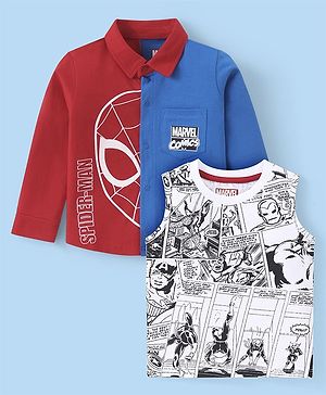 Babyhug Marvel Single Jersey Cotton Knit Full Sleeves Shirt With T-shirt Spider-man Graphics and Pocket Detailing - Red