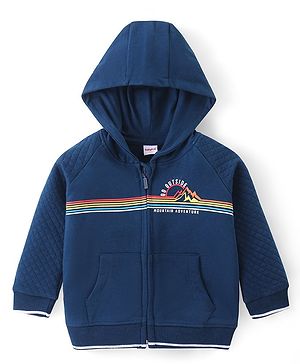 Babyhug Cotton Knit Full Sleeves Hooded Sweatjacket with Mountains Print & Quilted Design - Navy Blue