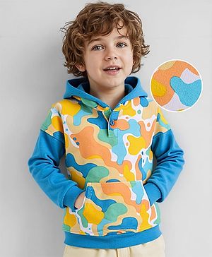 Babyug Cotton Knit Full Sleeves Hooded Sweatshirt with Abstract Print - Blue