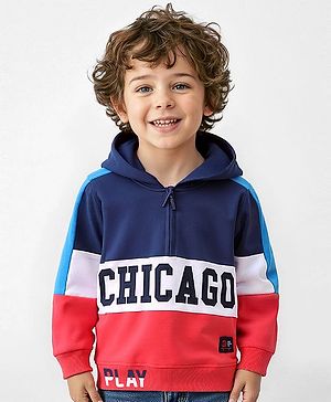 Babyhug Cotton Knit Full Sleeves Text  Printed Colour Block Hooded Sweatshirt - Navy Blue White & Orange